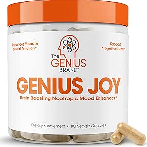 Genius Joy, Nootropic Mood Enhancer Supplement - Support Cognitive Health, Enhance Mood &amp; Neural Function with Brain Boosting L-Theanine, Panax Ginseng &amp; SAM-e - Organic, Non-GMO, &amp; Gluten-Free