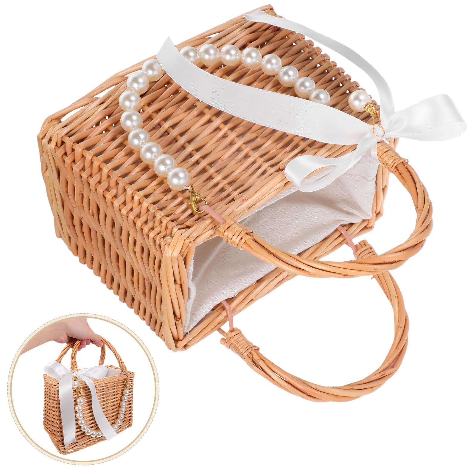 Handgefertigter Dekorativer Geflochtener Blumenkorb aus Weide mit Perlenkette und Schleifenband Elegante Geschenktasche für Hochzeitsfeiern und Partys