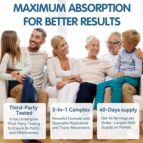 Vista 11 de Suplemento NAD de 1200 mg con resveratrol y quercetina y PQQ, suplemento NAD+ de alta pureza para mujeres y hombres, apoya la salud celular