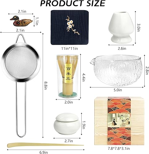 Miniatura 2 de Artcome Juego de té matcha japonés, cuenco de vidrio con boquilla para verter, batidor de matcha, soporte para batidor de cerámica, organizador de