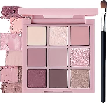 Pink Eyeshadow Palette with Matte, Shimmer & Glitter Finishes - Nine Blendable Shades for Natural Daytime and Glamorous Evening Makeup Looks, Compact and Portable for Travel