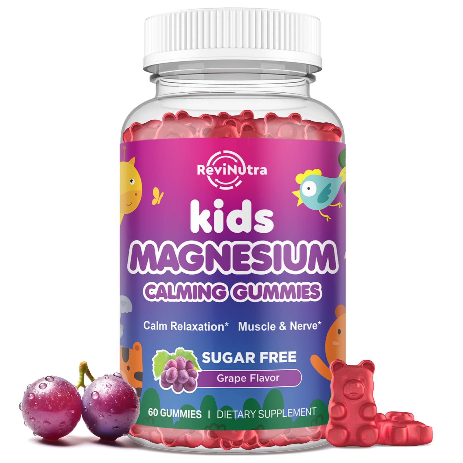 Kids Magnesium Glycinate Gummies - Magnesium Supplement Gummies with L-Theanine, Chamomile, Licorice, Vitamin B6, D for Kids & Adults Sleep, Stress, Muscle Relief & Nerve Bone - Sugar Free Grape 60ct Grape 60 Count (Pack of 1)