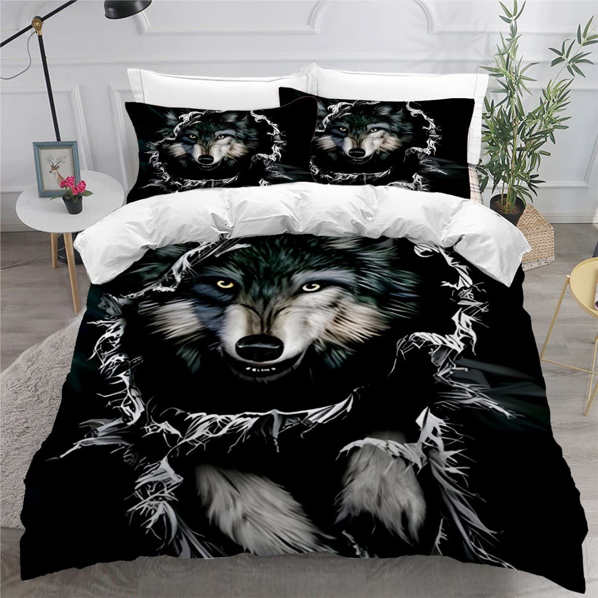 Housse de Couette 220x240 Loup 3D Parure Lit 2 Personnes