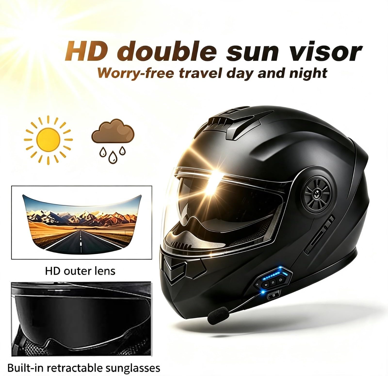 Casque Moto Modulable Bluetooth Homologué ECE, Casque Flip Up avec Double Visière Et Intercom Intégré, Casque Moto Adulte pour Homme Femme B,Large