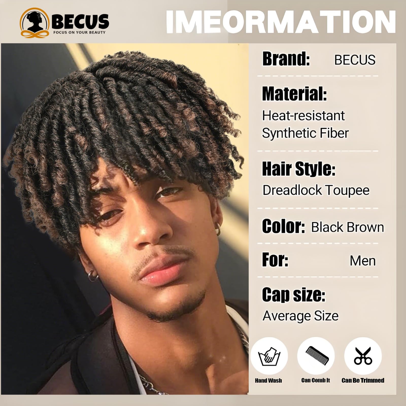 BECUS Dreadlock Toupee Hairpiece for Black Men Short Afro Fake Dreads Topper - Image 2