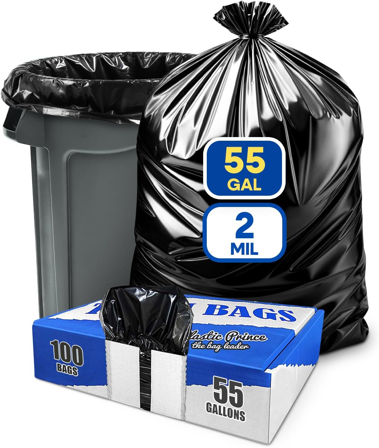55 Gallon Trash Bags 2 Mil Heavy Duty Fit Rubbermaid Brute Rollout Round and Square 32-55 Gallon Trash Cans 36 x 50 Large Durable Garbage Trash Can Liners, Black Pack of 100