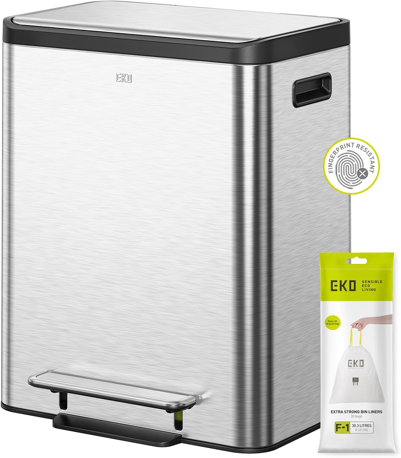 EKO Ecocasa Recycling Kitchen Bin 15+15Litre, Pedal Rubbish Bin with Two Removable Inner Buckets, Perfect for Kitchen & Home, Stainless Steel
