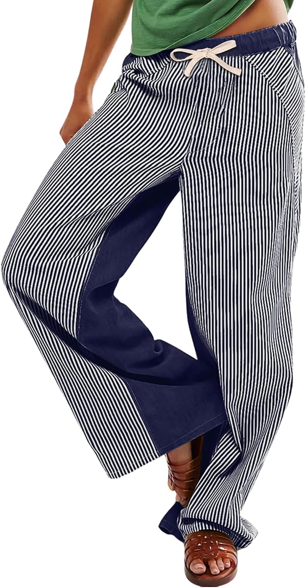 Arssm Women Y2k Striped Wide Leg Pants Baggy Drawstring Jeans Trendy Low Rise Casual Cotton Trousers