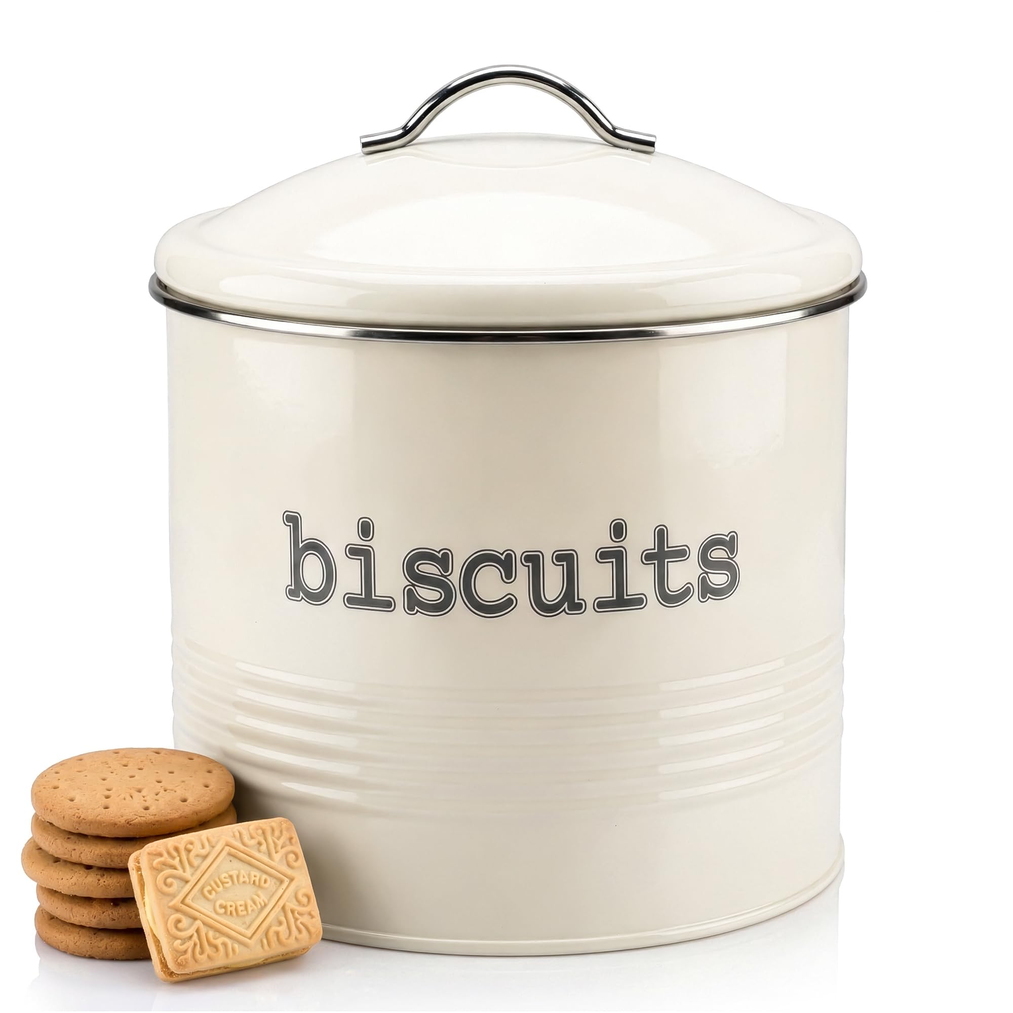 Winsome Cream Round Biscuit Barrel | 4 Litre Biscuit Tin | Airtight Biscuit Container With Lids | Cream Enamel Coating For Keeping Your Cookies Fresh & Protected (Cream Round)