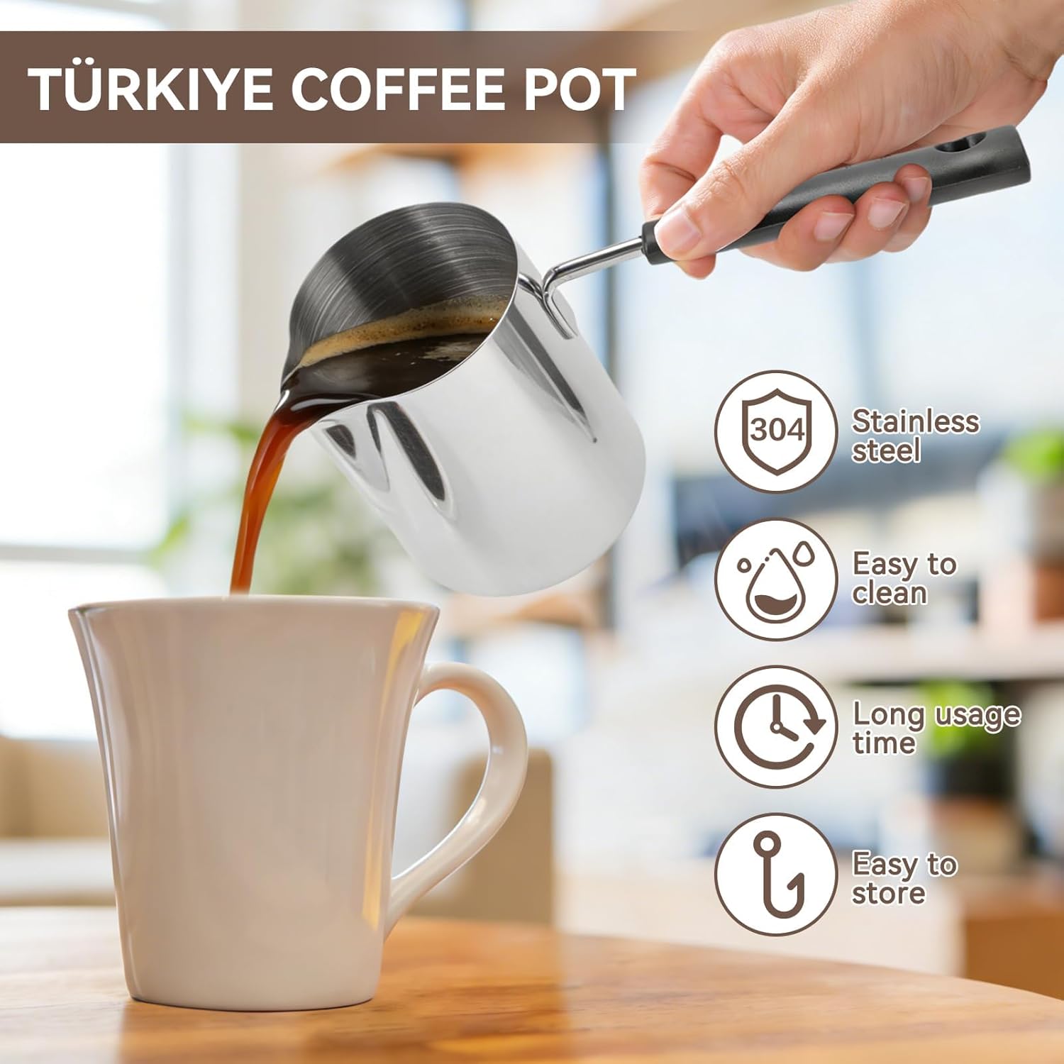Cyrank Turkish Coffee Pot, 350ML, Stainless Steel, Silver, Modern, Minimalist, Easy to Use, Long Handle, Multi-Purpose, Durable, Easy to Clean - Image 5