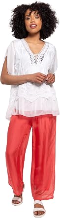 M Womens Embroidered Short Flare-Sleeve V-Neck Blouse, White, X-Large