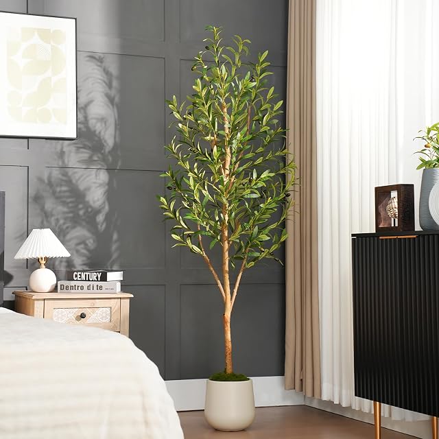 6ft Artificial Olive Tree, Fake Olive Tree with 756 Lifelike Olive Leaves and 54 Fruits, Tall Artificial Olive Silk Plants in White Pots for Living Room Bedroom Balcony Corner Office Decor