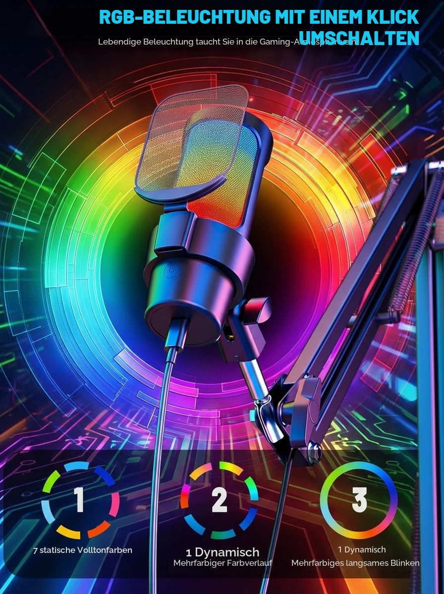 Gaming Mikrofon mit Arm Plug & Play USB Kondensator Mikrofon mit RGB Licht, Mute-Taste, Pop-Filter & 1,8m USB-Kabel Mikrofon für PC, Laptop, Mac, PS4, PS5, Streaming, Podcast & Videokonferenzen | Mute-Taste, Pop-Filter, 1,8 m USB-Kabel, klare Sprachaufnah