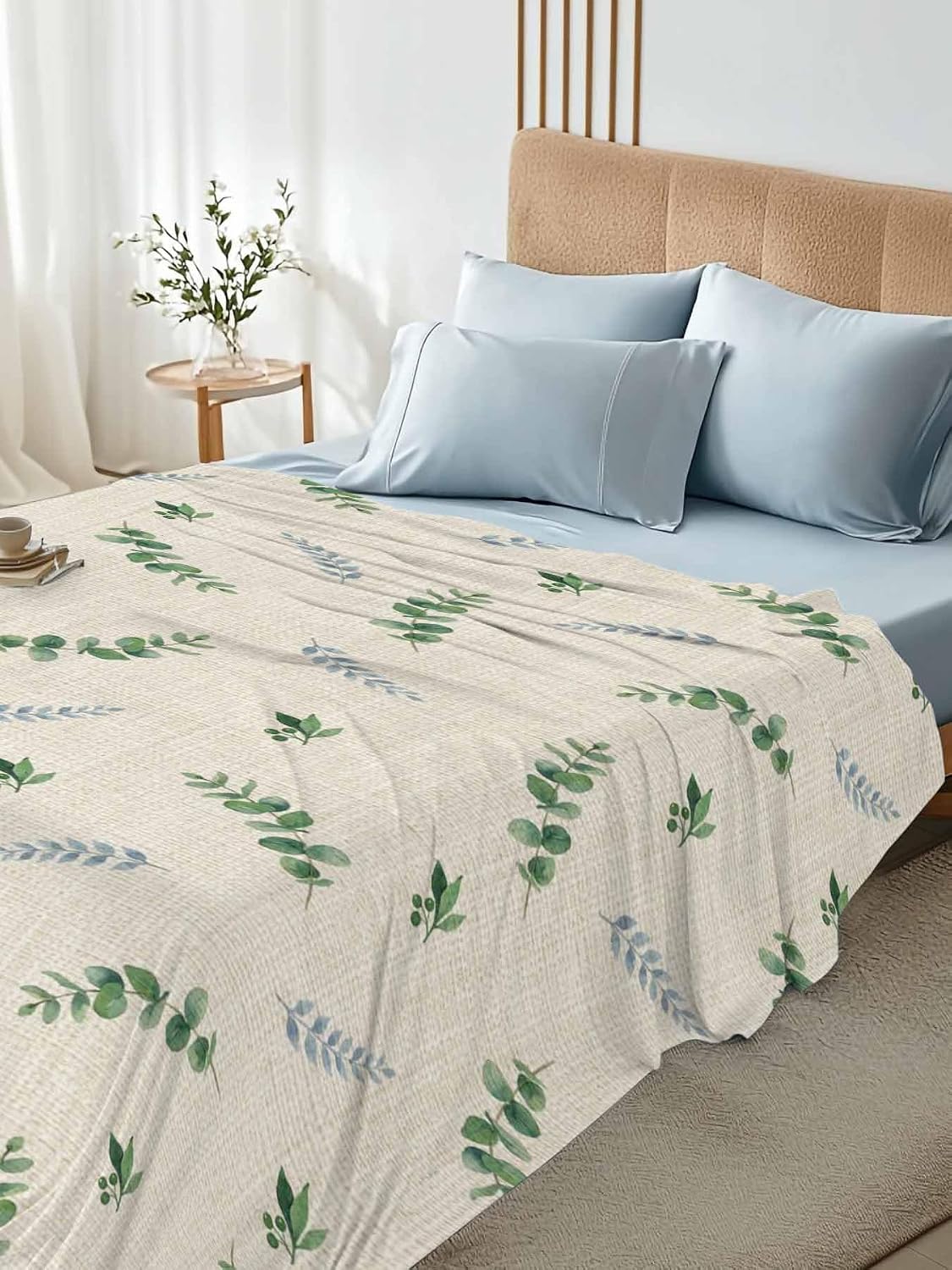 Top Sheet Twin XL Bedding Flat Sheet Only, Country Eucalyptus Retro Linen Microfiber Bed Sheets Soft Breathable Bedding Flat Sheets, Summer Leaves Plant Hotel Luxury Top Sheets