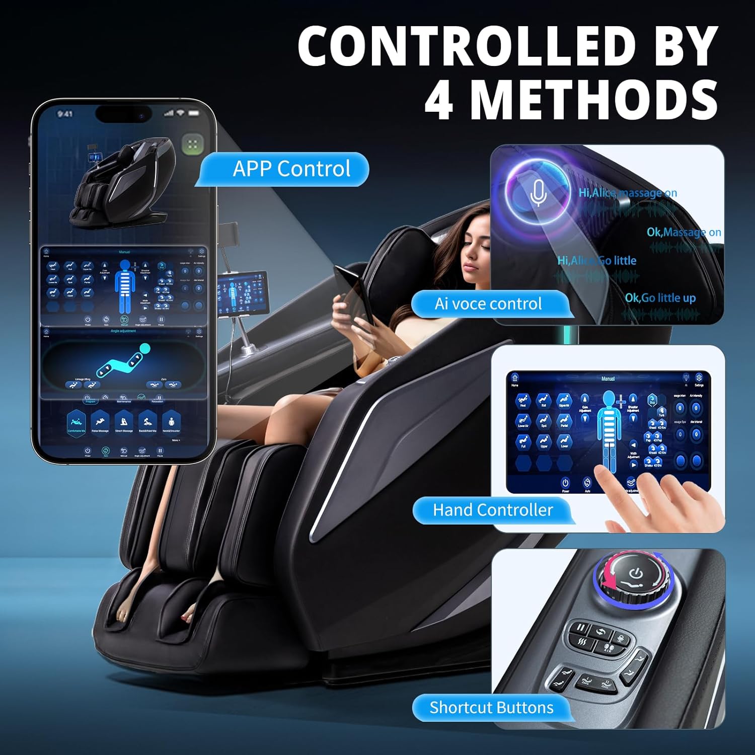 4D Massage Chair Full Body Zero Gravity Recliner - 55“ SL-Track,15 Auto Modes,11 Massage Technique,40 Airbags Massage,with Yoga Stretch,APP Control,Shiatsu Foot Massage(Black) - Image 6