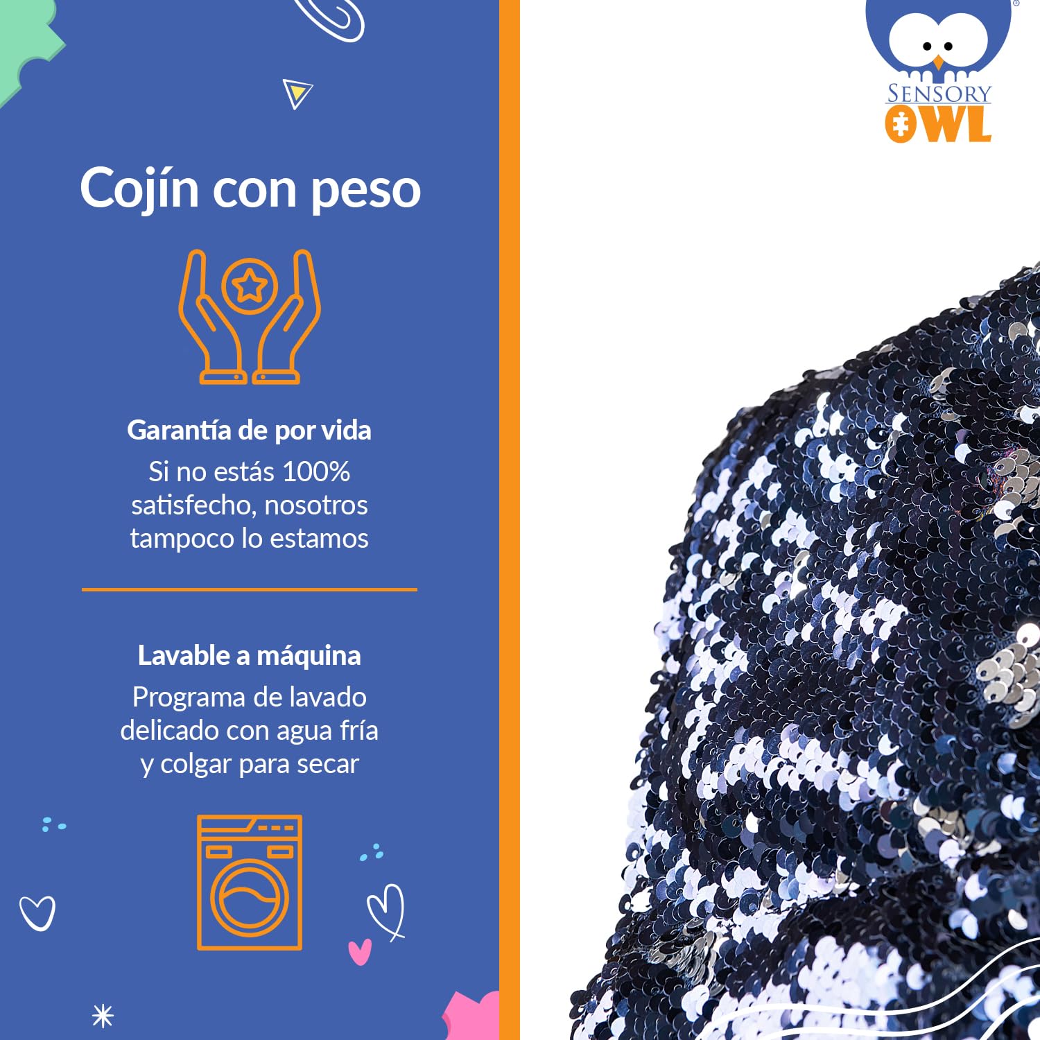 Almohada Pesada Cojin Sensorial De Regazo para Niños Y Adultos Terapéutico con Lentejuelas Bicolores Alivio del Estrés Ansiedad 2 kg 30 x 40 cm Azul Marino Plata