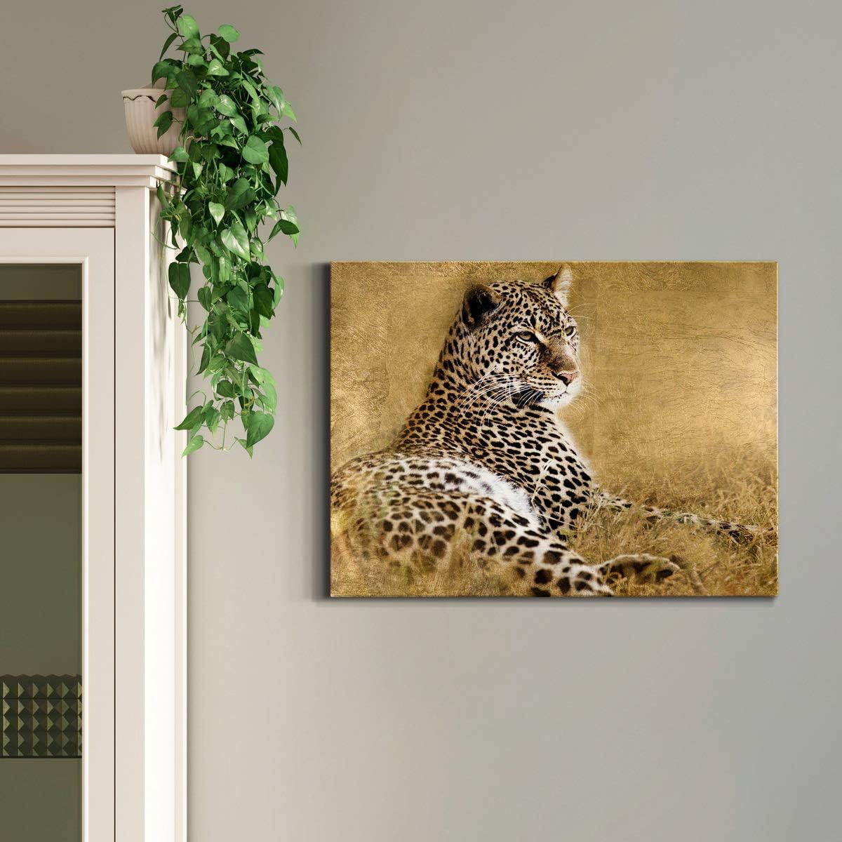 Renditions Gallery Serious Leopard Wall Art, African Safari Animal Artwork, Shades of Gold and Black, Premium Gallery Wrapped Canvas, Ready to Hang, 12 in H x 18 in W, Made in America Print