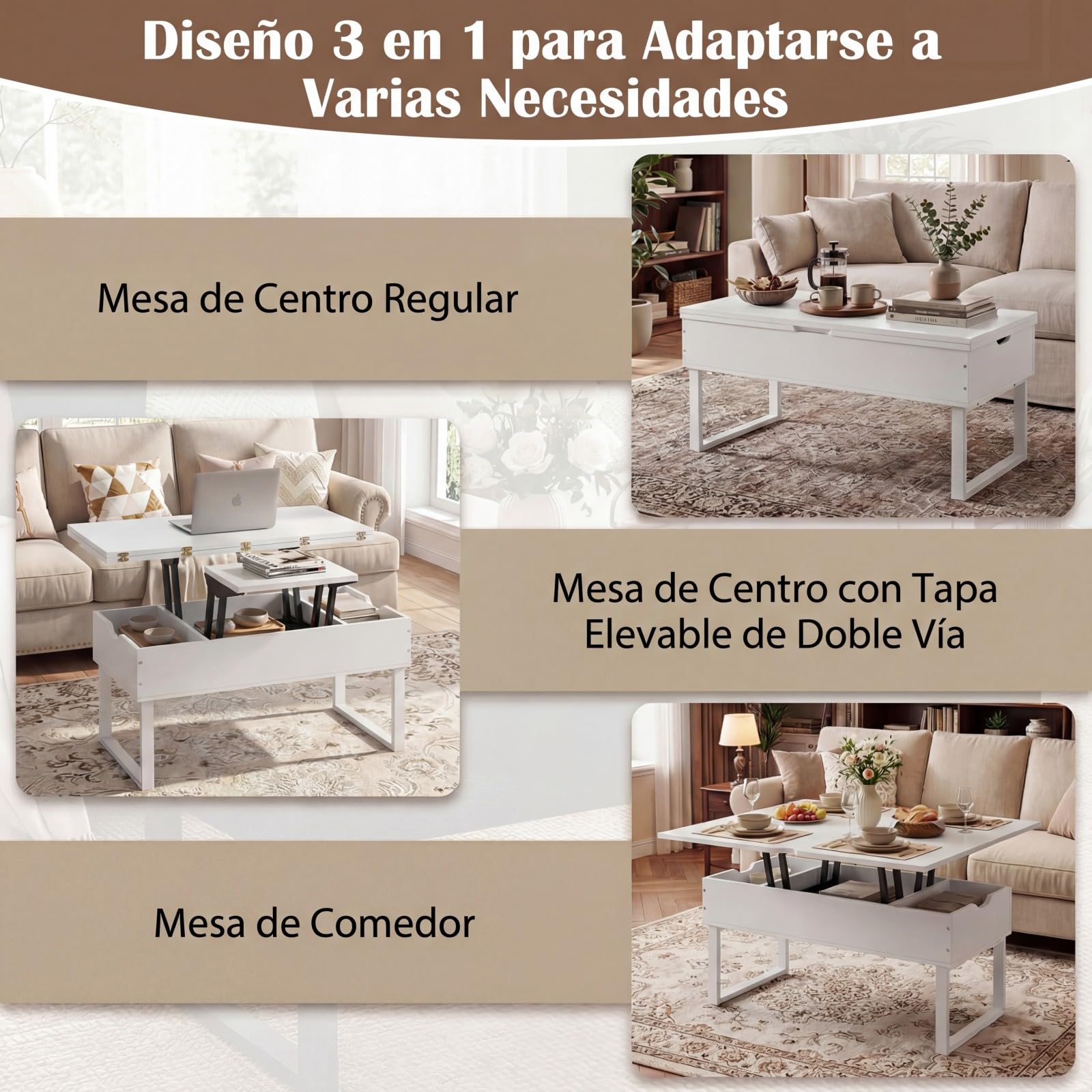 COSTWAY Mesa de Centro Elevable 3 en 1, Mesa Central Convertible con 3 Compartimentos Ocultos, Mueble de Comedor, Mesas de Cóctel de Madera para Salon, Oficina, 100 x 50 cm (Blanco)