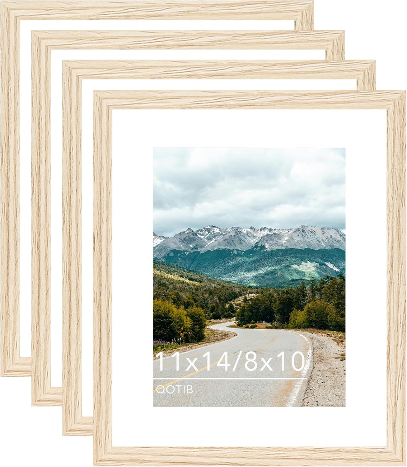 11x14 Wood Picture Frame with 8x10 Mat, Display 8x10 with Mat or 11x14 Without Mat, Wooden 11 by 14 Photo Frame, 11 x 14 Frame for Wall Hanging Display, Natural Beige, 4 Pack