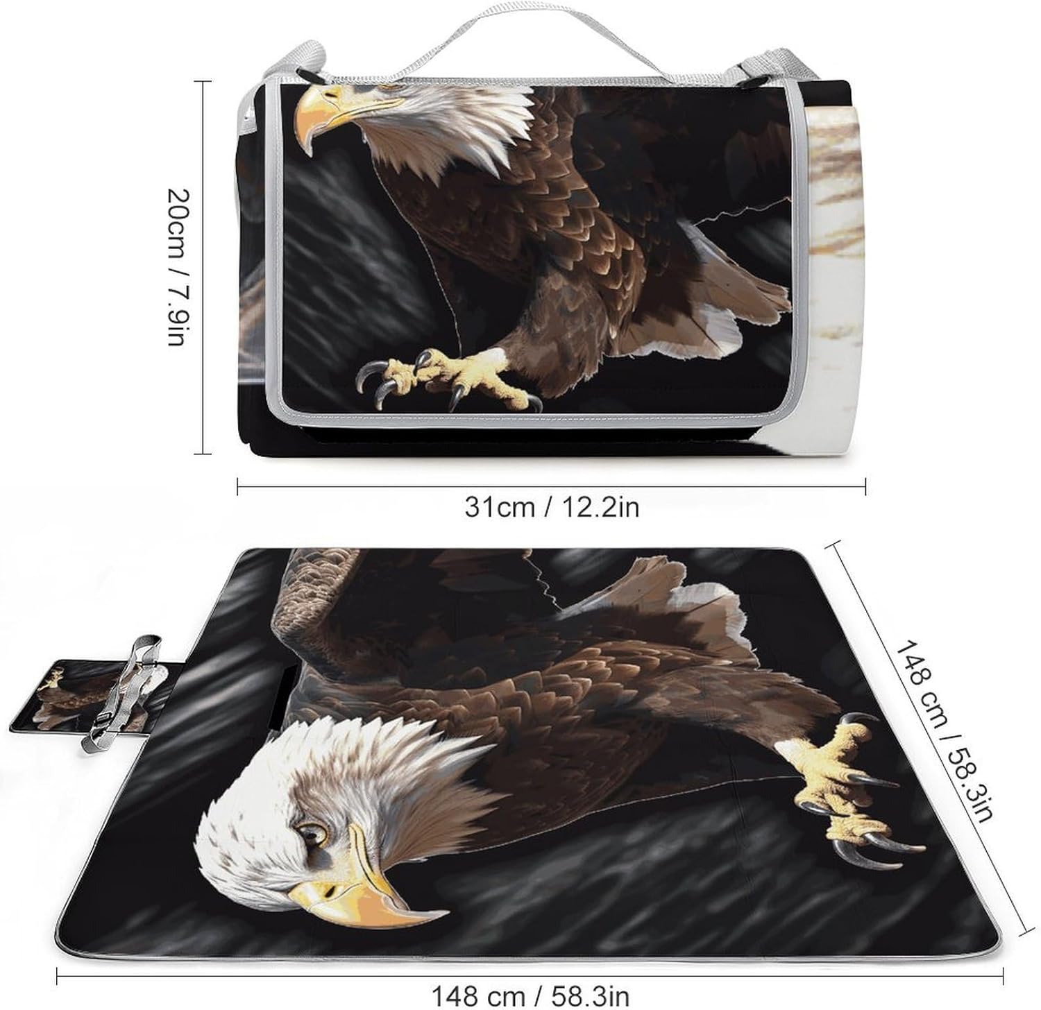 an Eagle Waterproof Picnic Blanket 58.3''x58.3'',Portable and Foldable Picnic Mat with Handle,Outdoor Blankets for Lawn Park Beach Travel