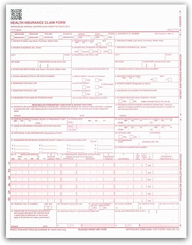Formularios de reclamo CMS 1500. HCFA (Versión 0212). 250 por resma
