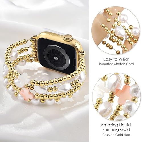 Miniatura 2 de Airspo Brazaletes de cuentas doradas, para Apple Watch Band de 1.49, 1.57, 1.61, 1.65, 1.73 y 1.77 pulgadas, correa elástica para iWatch Series 11,