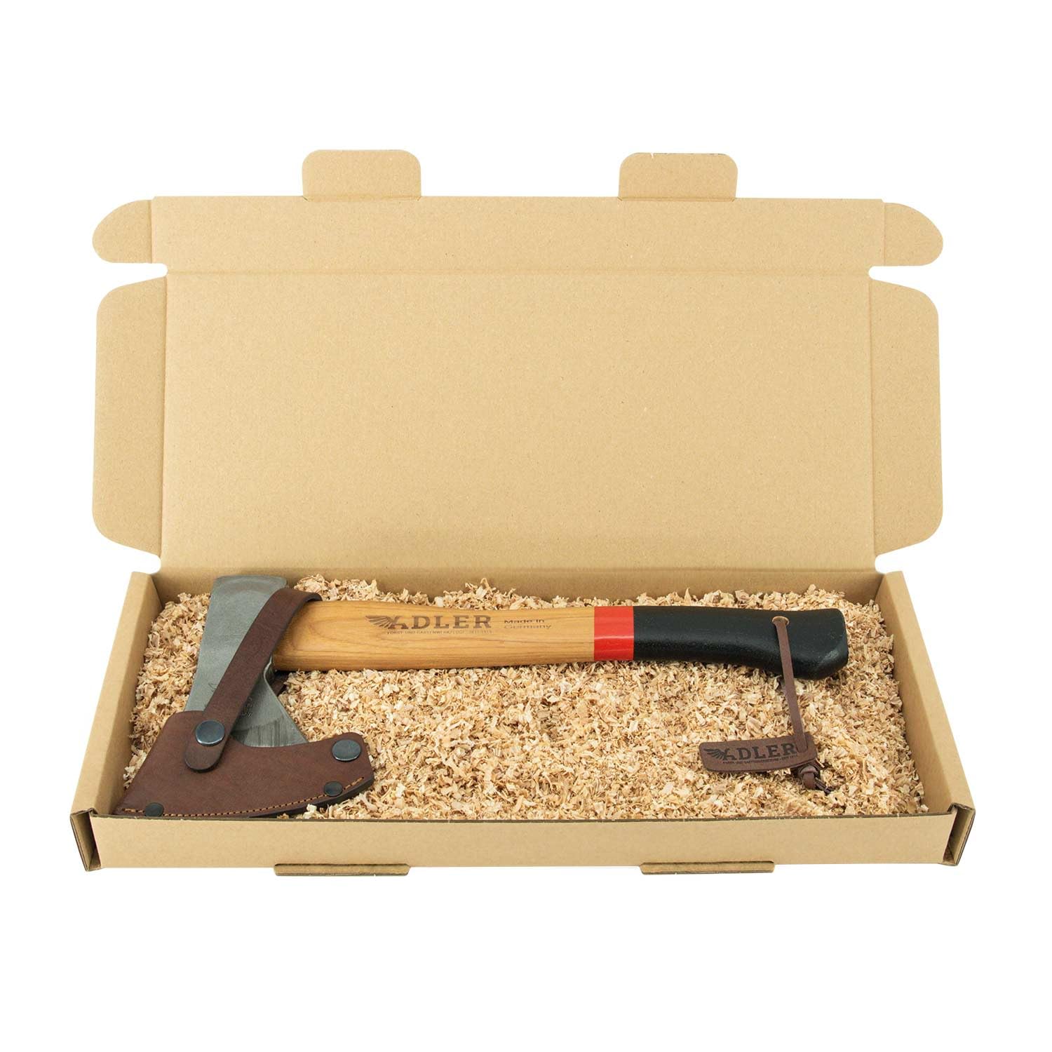 ADLER Beil 600 g, Holzaxt mit 36cm langem ergonomischem Hickory-Stiel, Rutschfester Griff, C60 Stahl Carbon Klinge inklusive Lederschutz/Camping/Forst Garten & Wald/rot, schwarz (Rot/Schwarz) | Geschmiedeter Kopf mit doppelter Sicherheitsverkeilung und Le
