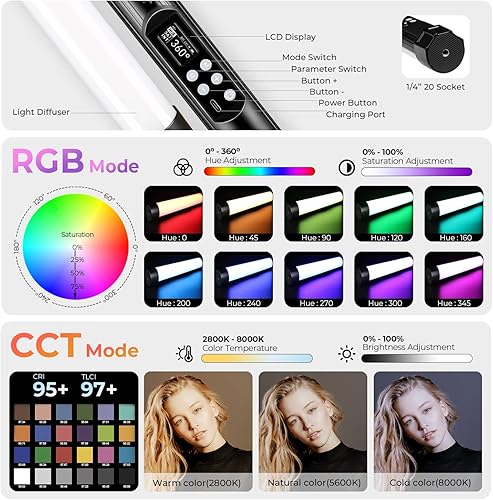 Miniatura 3 de Mettlelite TLX1 Luz de Tubo RGB LED Luz de Vídeo Portátil a Todo Color con Control de APP 2800K-8000K CRI96 TLCI97 360° RGB CCT Modo HSI 10 Efectos