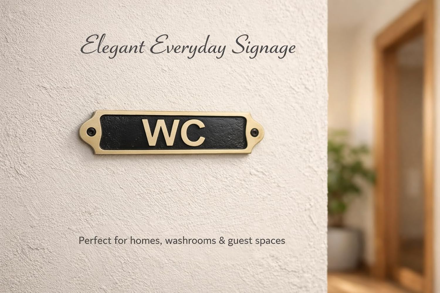 WC Brass with Black Door Sign Plaque | Metal Wall Mounted Washroom Name Plate with Screws | Classic Bathroom & Restroom Signage for Home Office Shop | 22 x 5 cm | WC