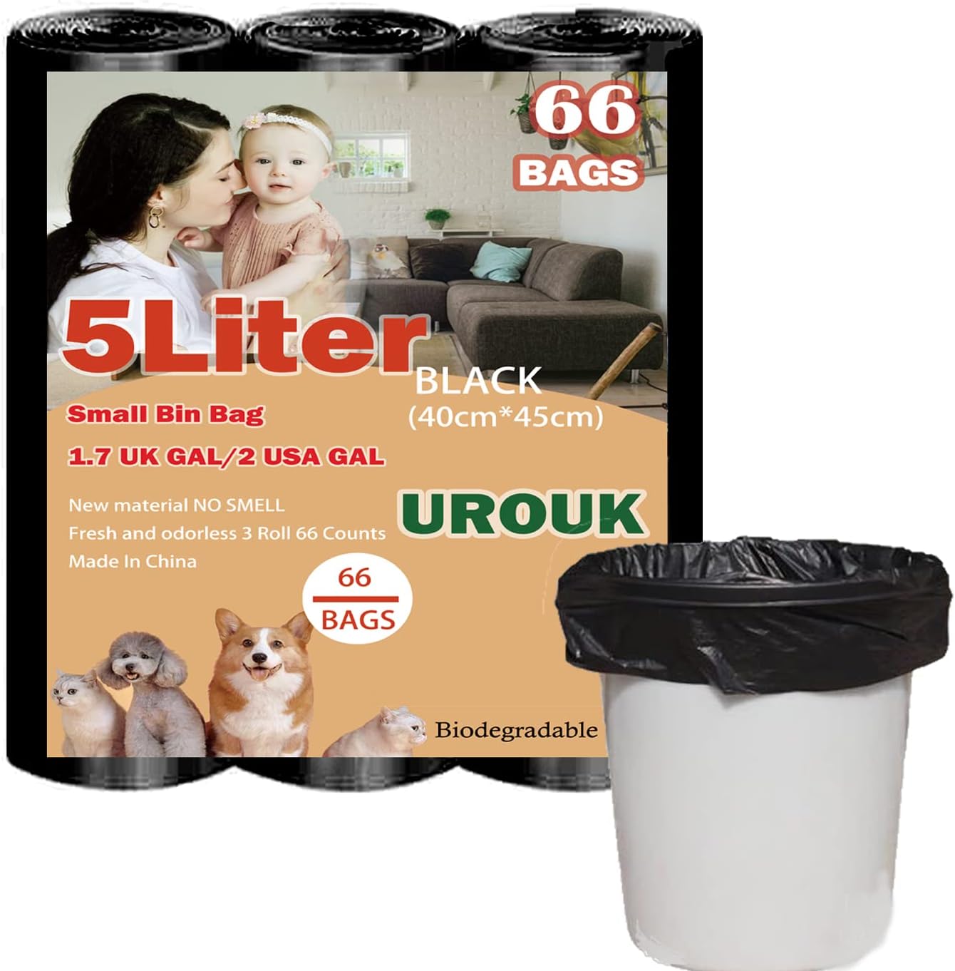 UROUK Small Black Bin liners 5Liter Pedal Bin Bags, 66 Counts Mini