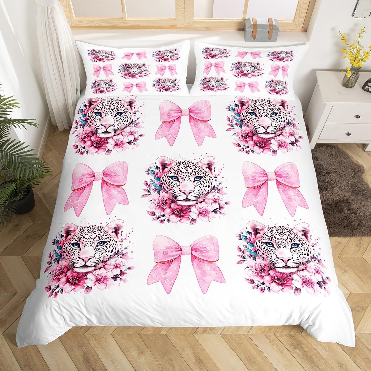 jejeloiu Cute Leopard Bedding Set Toddler Size Kids, Fairy Tale Bowknot Comforter Cover Set for Boys Girls, Bow Tie Duvet Cover Bedspread Cover Home Decor Quilt Cover,No Stuffing