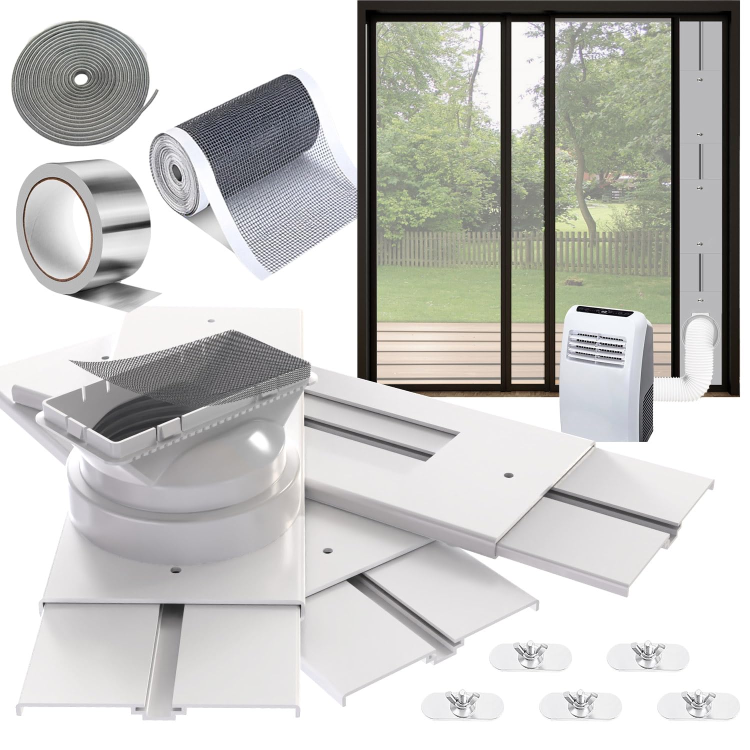 Aozzy White 95"Sliding Door Air Conditioner Vent Kit With 1M Diy Filter And Door Sealing Strip, Universal 5.1/5.9"Hose Adapter,For Sliding Door/Window Portable Air Conditioner Seal Unit