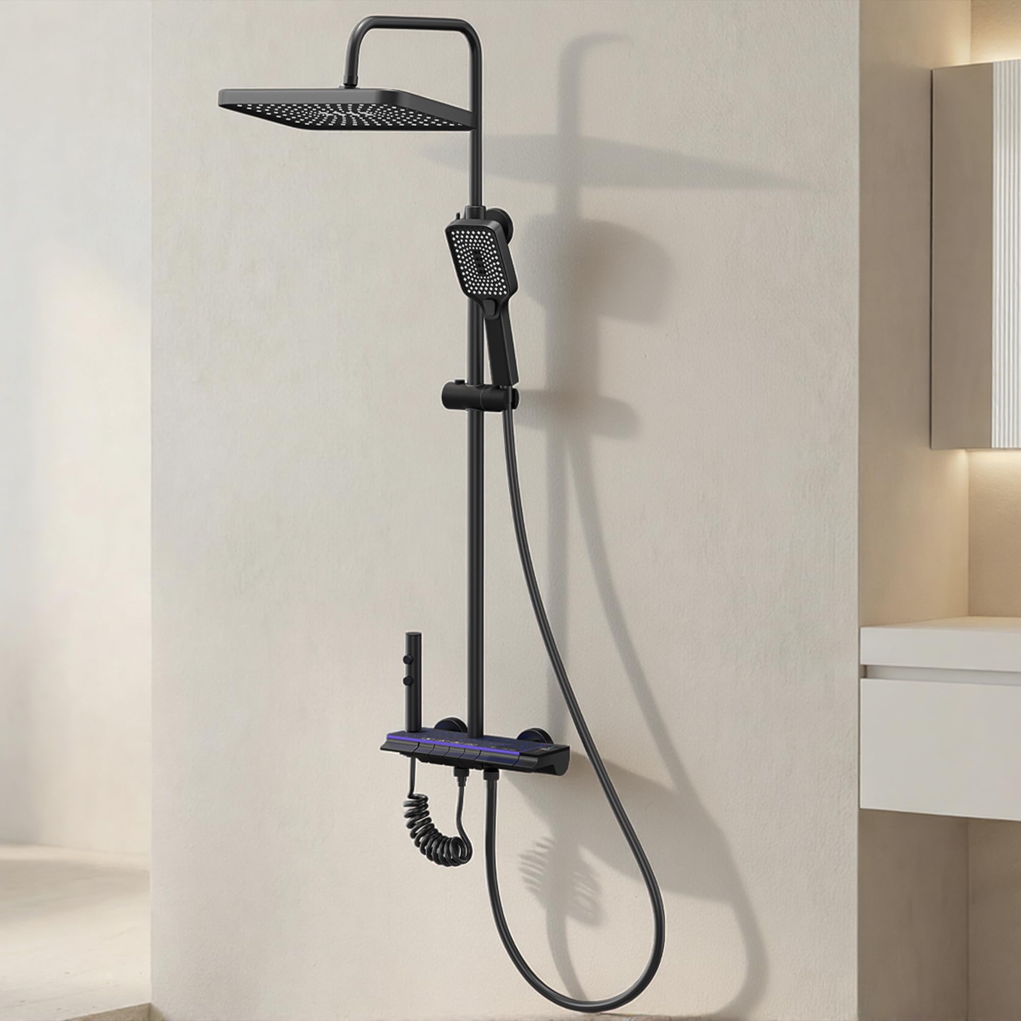 STANEW Columna Ducha de Titanio Negro Con Cabezal Cuadrado,Pantalla LED,Columna de Ducha 4 Modos,Ducha de Mano con 3 Modos,Altura ajustable 70-110CM (Negro(Estrellas brillantes))