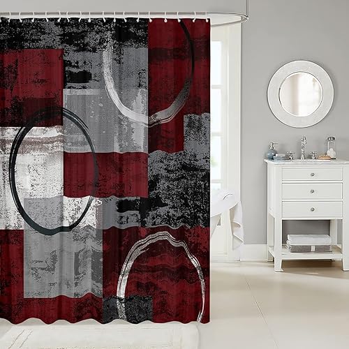 Miniatura 2 de Juego de cortina de baño con diseño geométrico circular retro, diseño abstracto de grafiti redondo, diseño de líneas cicloides bohemias, decoración