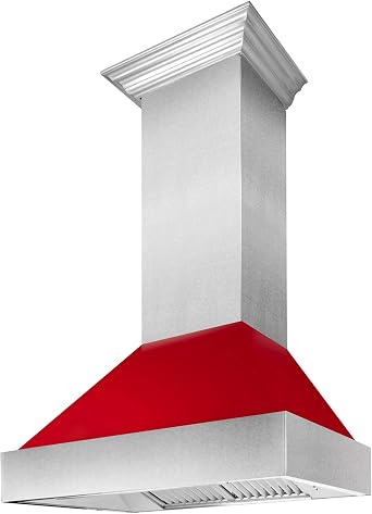 ZLINE 36 in. Ducted Satin Stainless Steel Wall Mount Range Hood with Red Gloss Shell 8654RG-36