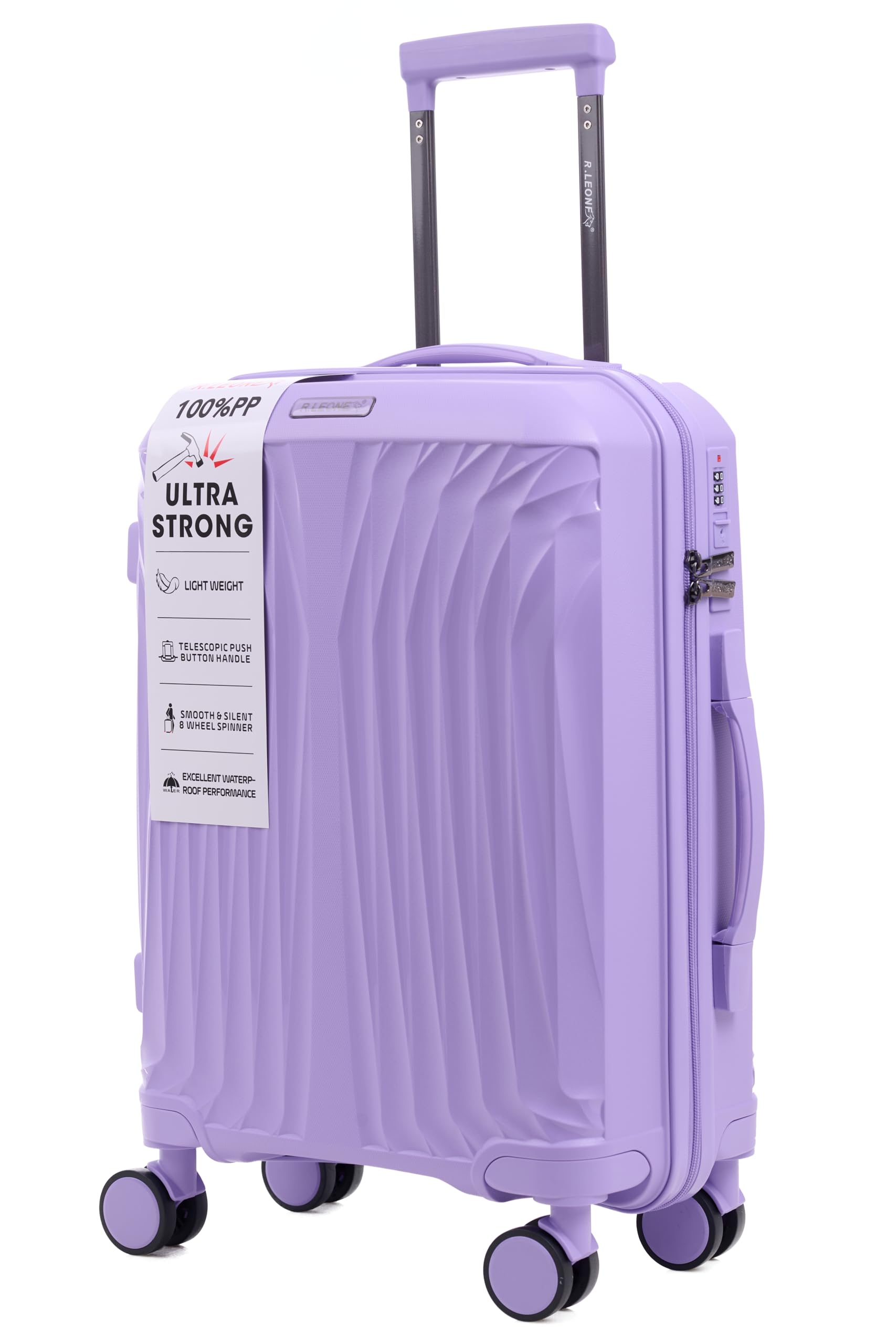 R.Leone Valigia da 1 Fino a Set 3 Bagaglio a mano 55x40x20 Ryanair, Medio, Grande Ultra Strong Antiurto Resistente Trolley rigido leggero 8 ruote in Polipropilene 8812 (Lilla, Set 3 Pezzi S M L)