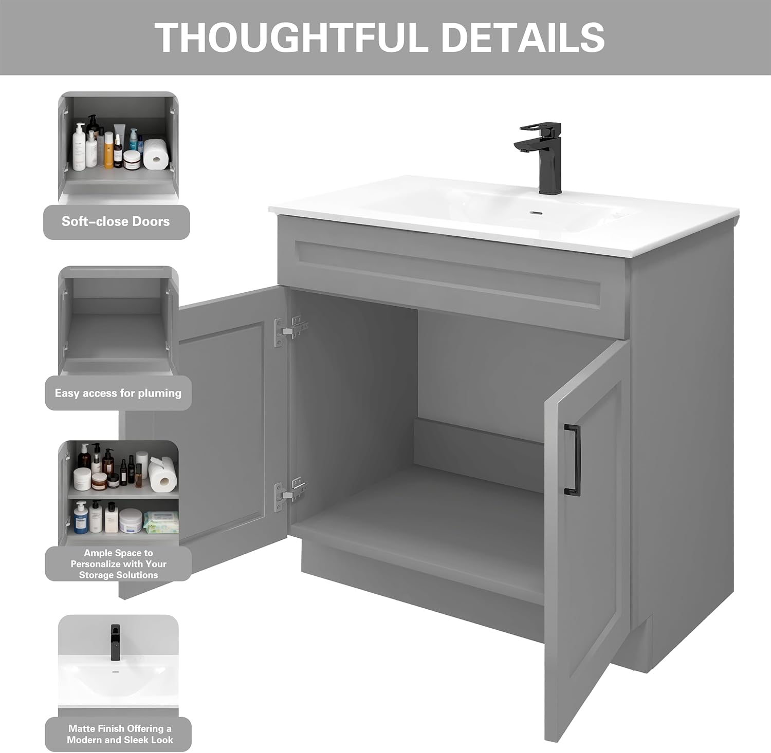 36" Light Grey Shaker Bathroom Vanity with Sink – Solid Surface One-Piece Top, Soft-Close Doors, Polyurethane Nano Resin Sink, Pre-Drilled Faucet Hole, Modern Bath Vanity Cabinet Set