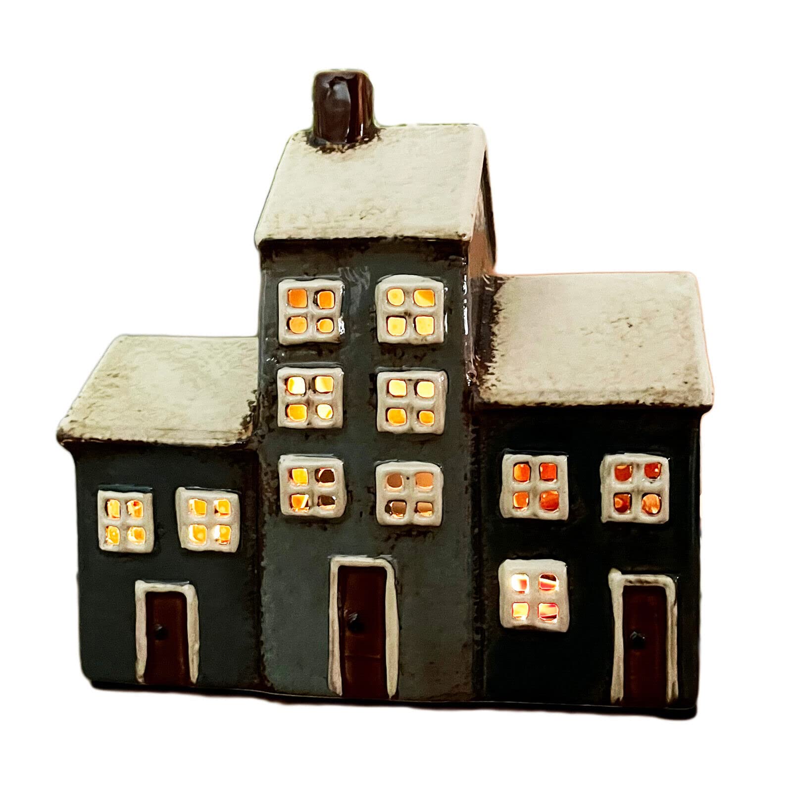 Darthome Multicolor Navy Houses Tealight Holder Ceramic Distressed Grey Blue 3 Homes Candle Lantern