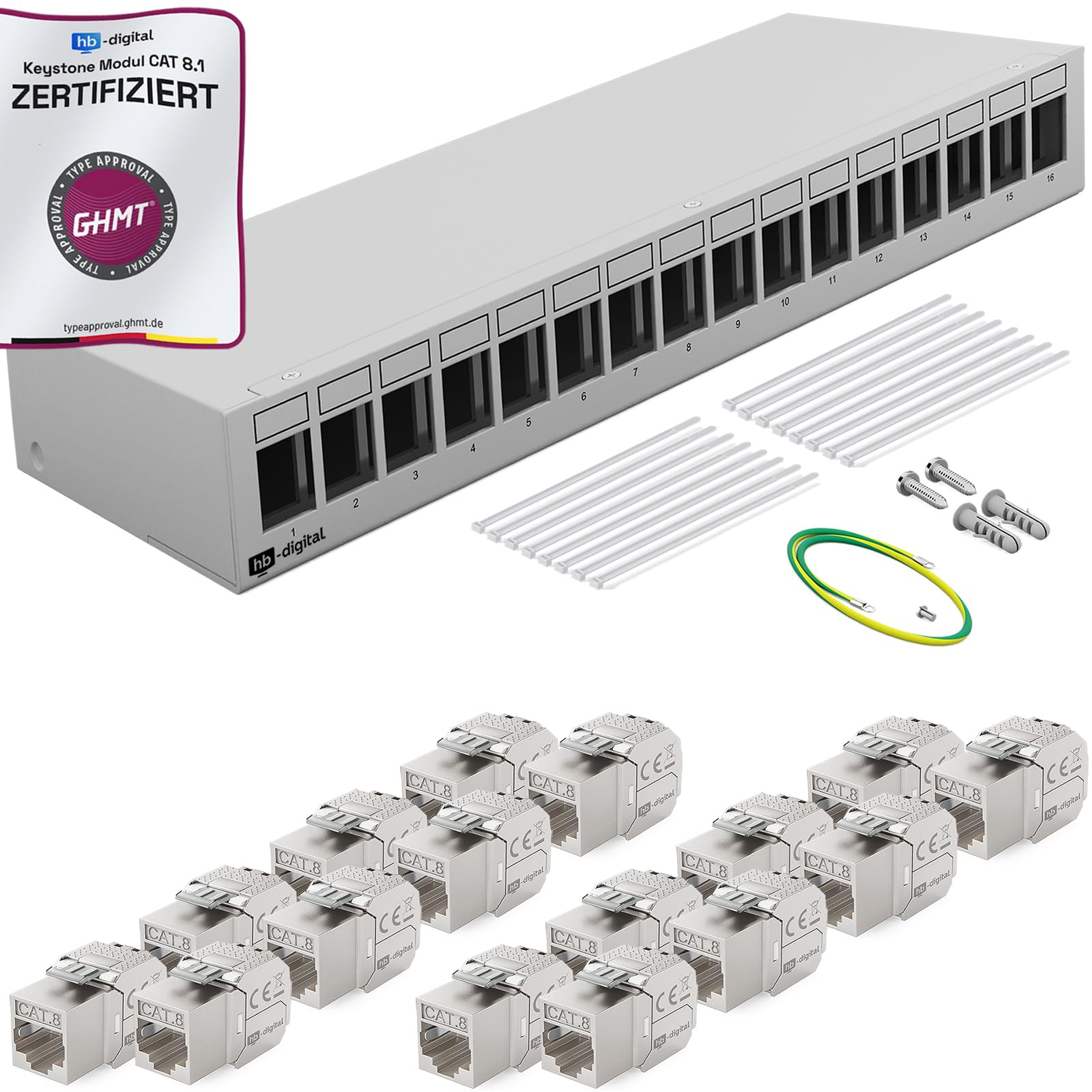 HB-DIGITAL Zestaw: 16-portowy panel krosowy obudowa do modułów Keystone + 16 x Cat.8 Keystone RJ45 gniazdo Jack do instalacji sieciowej kompatybilne z kablem instalacyjnym LAN Ethernet | Jasnoszary