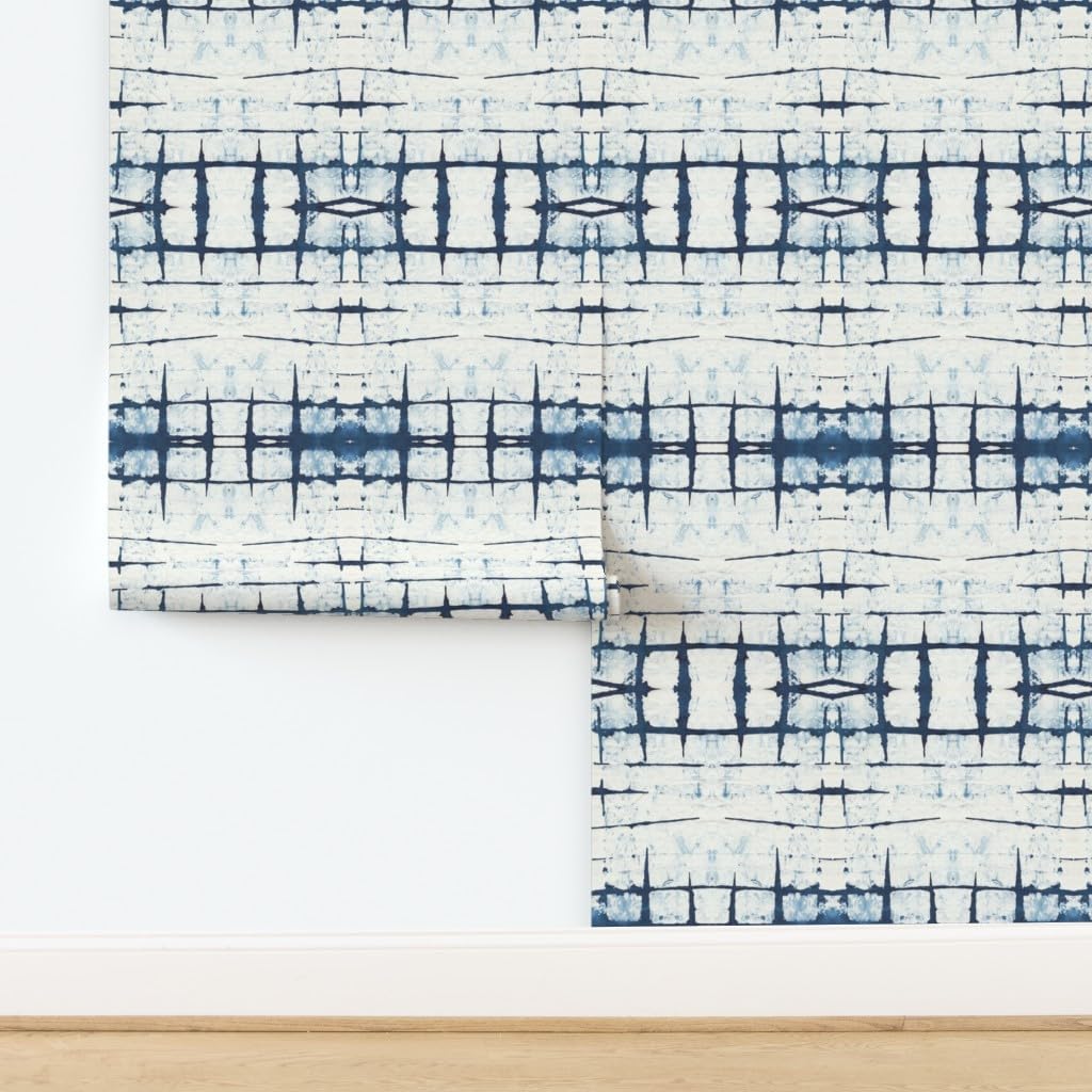Spoonflower Removable Wallpaper 9ft x 2ft - Faded Indigo Shibori Blue Geometric Tie Dye Japanese Plaid Navy White Abstract Boho Custom Pre-Pasted Wallpaper