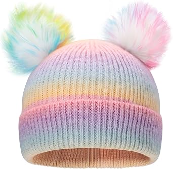 Kids Girls Boys Multi-Color Ear Double Pom Pom Beanie Hat Winter Warm Rib Knitt Ski Hats Age 7-15