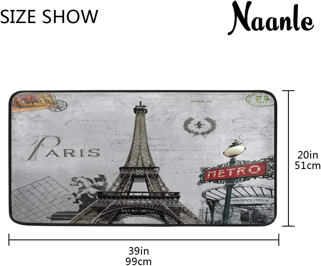 Naanle Eiffel Tower Anti Fatigue Kitchen Floor Mat, Retro Paris Non Slip Absorbent Comfort Standing Mat Kitchen Runner Rug for Hallway Entryway Bathroom Living Room Bedroom 39 x 20 Inches