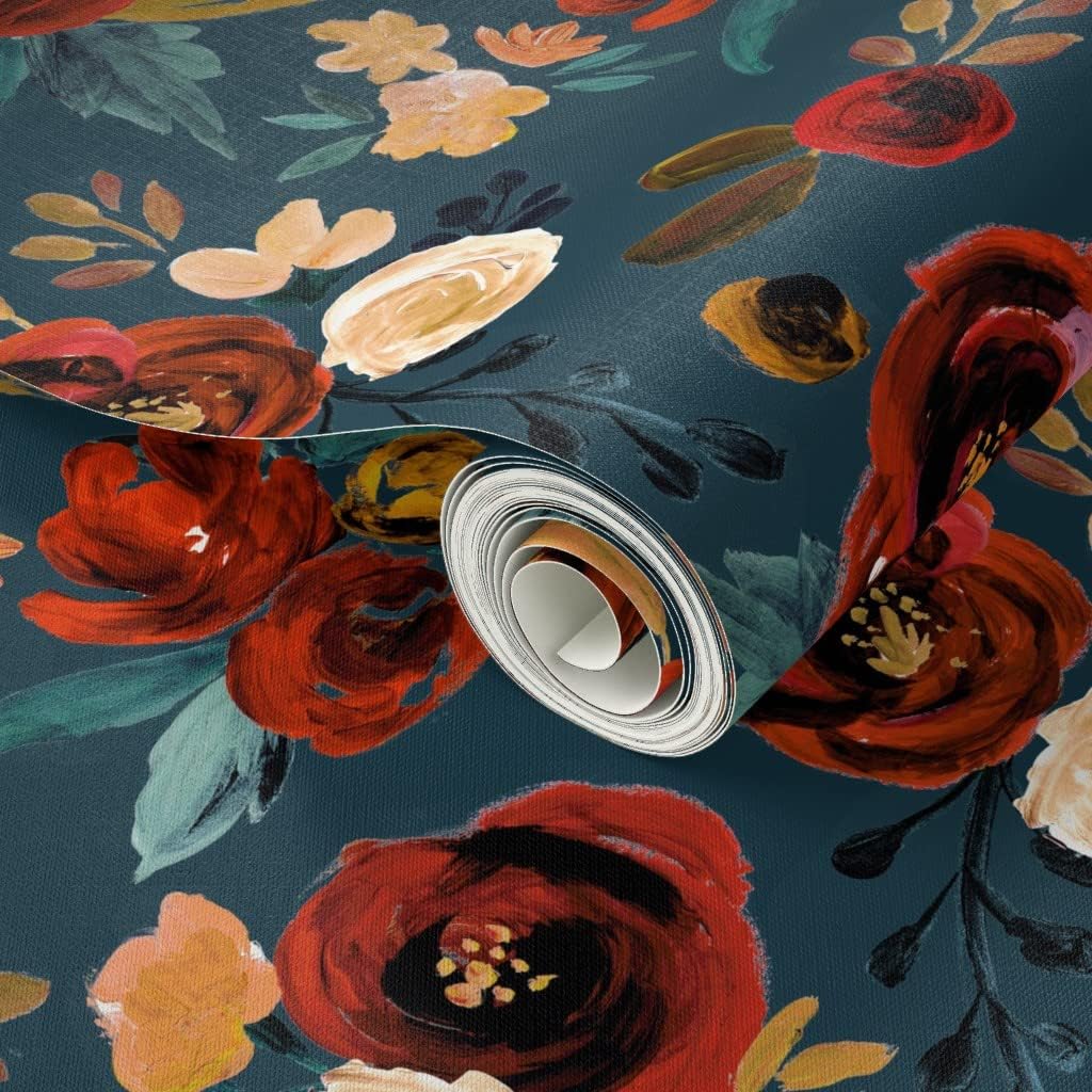 Peel & Stick Wallpaper 3ft x 2ft - Red Rose River Teal Blue Fall Autumn Floral Flowers Gold Custom Removable Wallpaper by Spoonflower