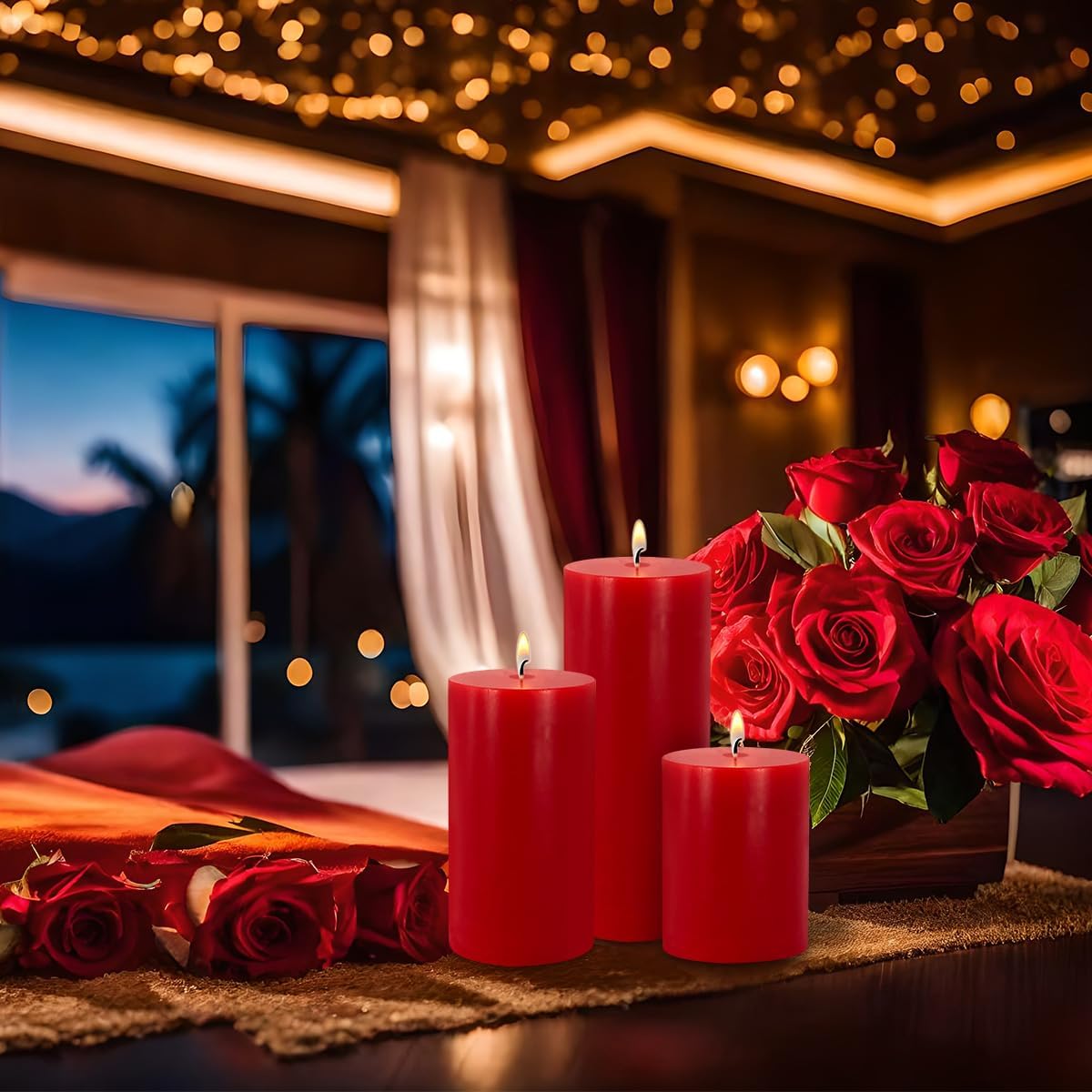 Red Pillar Candles Set of 3 - Dripless Unscented - 3x4, 3x6 & 3x8 inches Decorative Candles for Home Decor & Table Centerpieces