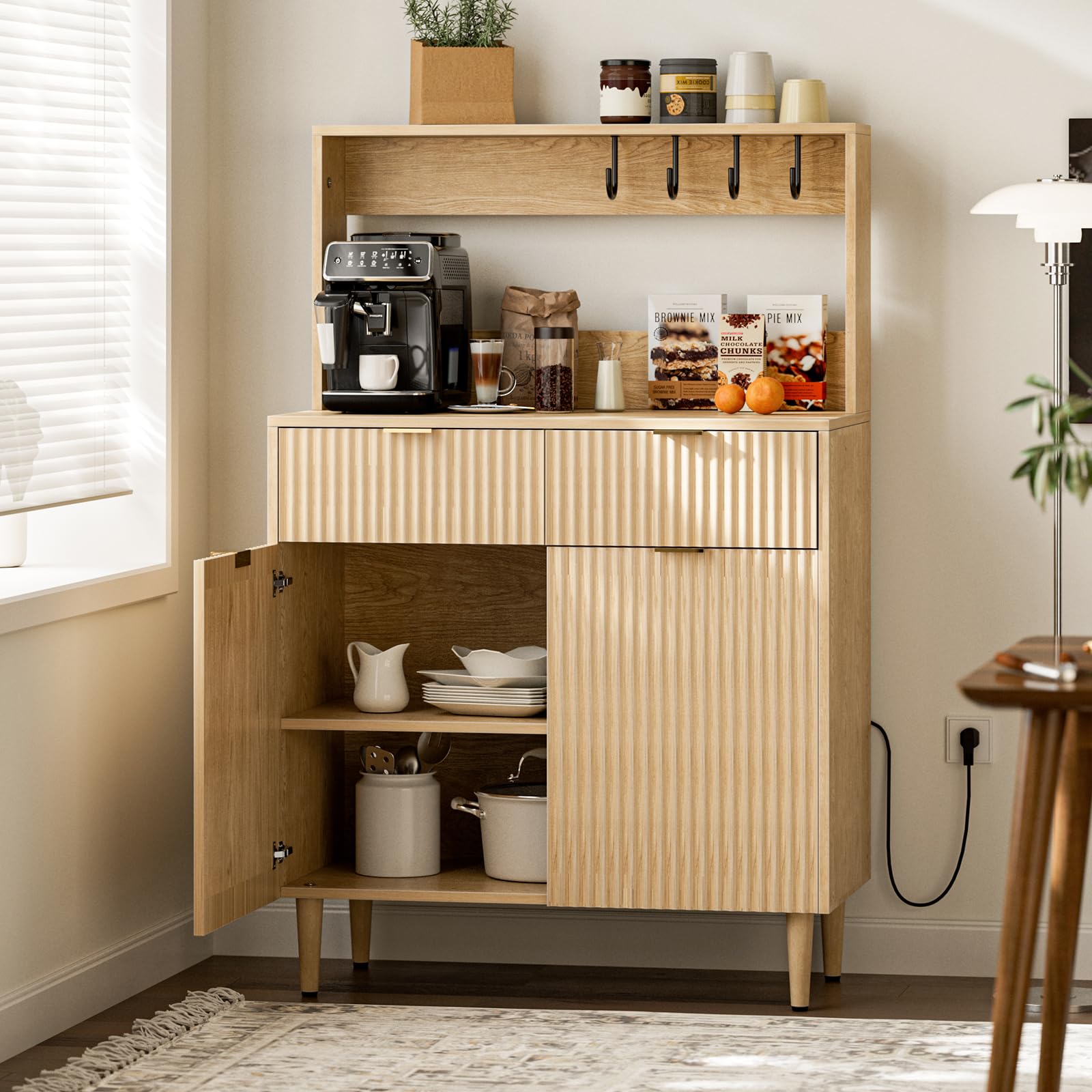 Coffee Bar Cabinet with Storage, Modern Sideboard with Drawers, Shelves, Outlet and Fluted-Door for Kitchen, Dinning Room, Living Room, Natural