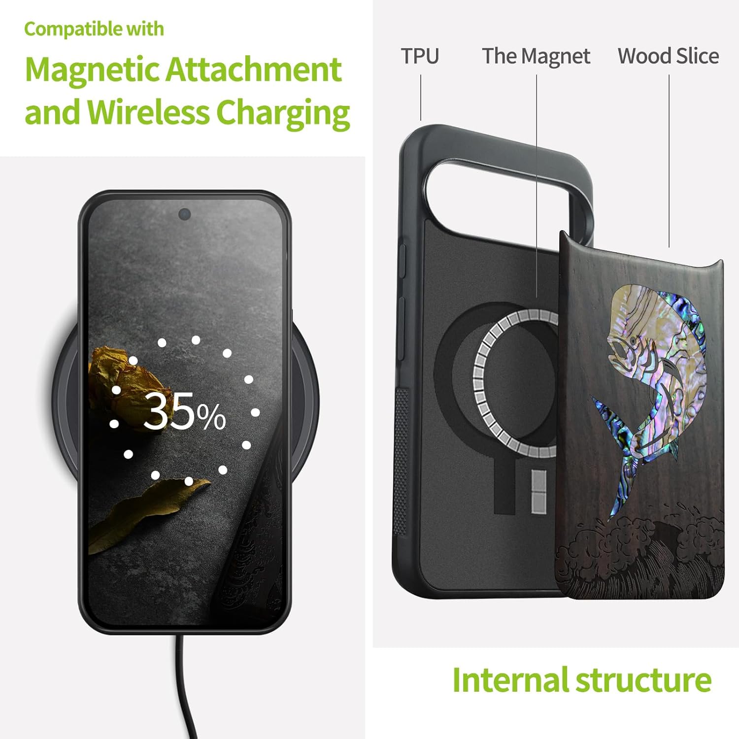 Carveit Magnetic Wooden Case for Pixel 10 / Pixel 10 Pro Case, Wood Artisan Engraved & Handmade Shell Inlaid, Compatible with MagSafe Wireless Chargers, Mahi Mahi - Blackwood