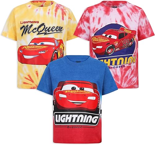 Disney Cars Lightning McQueen - Paquete de 3 camisetas de manga corta con cuello redondo para niños pequeños y grandes