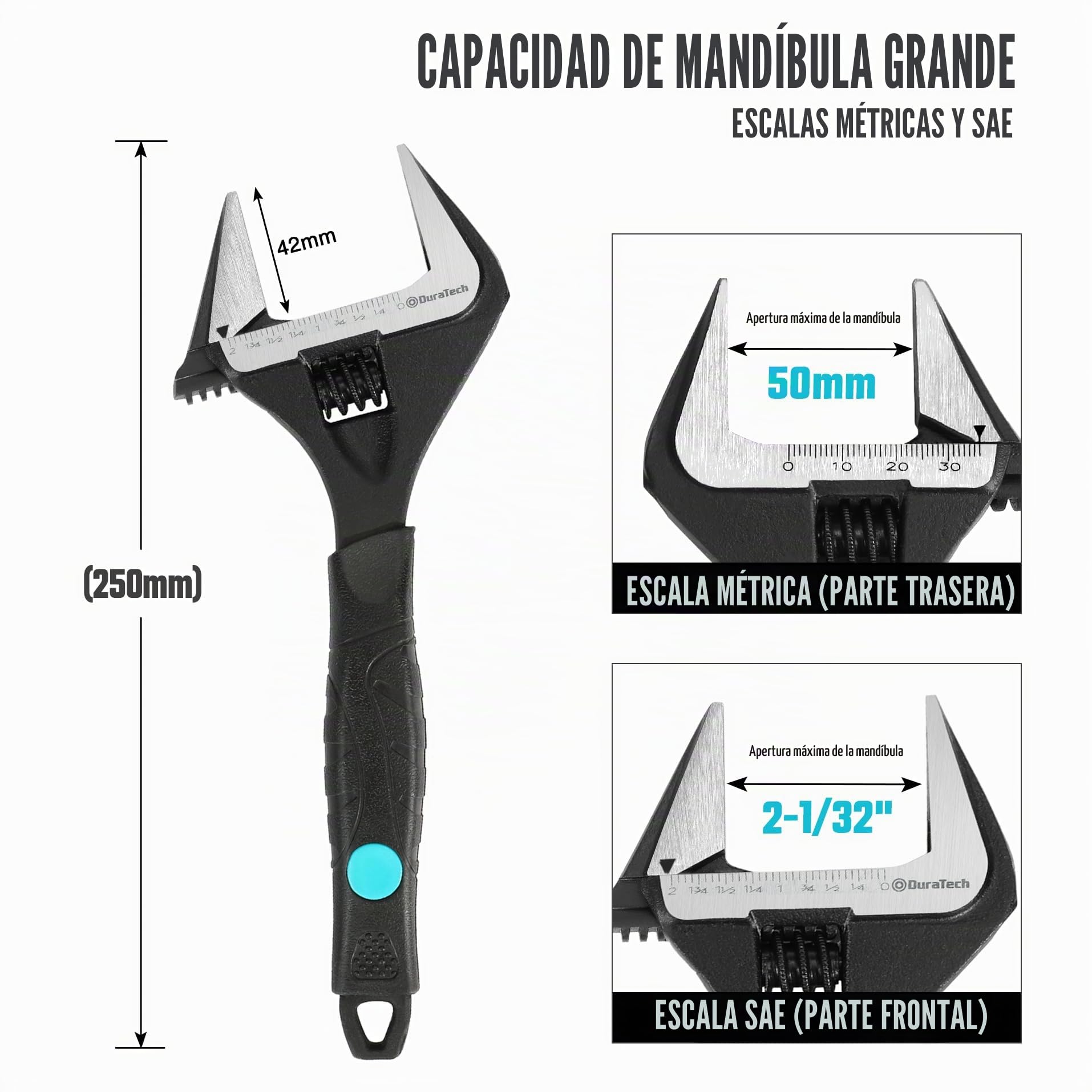 DURATECH Llave ajustable para fontanería de 250mm, Llave ajustable de apertura ancha, forjada en caída Cr-V, SAE y escala métrica marcada, agarre ergonómico