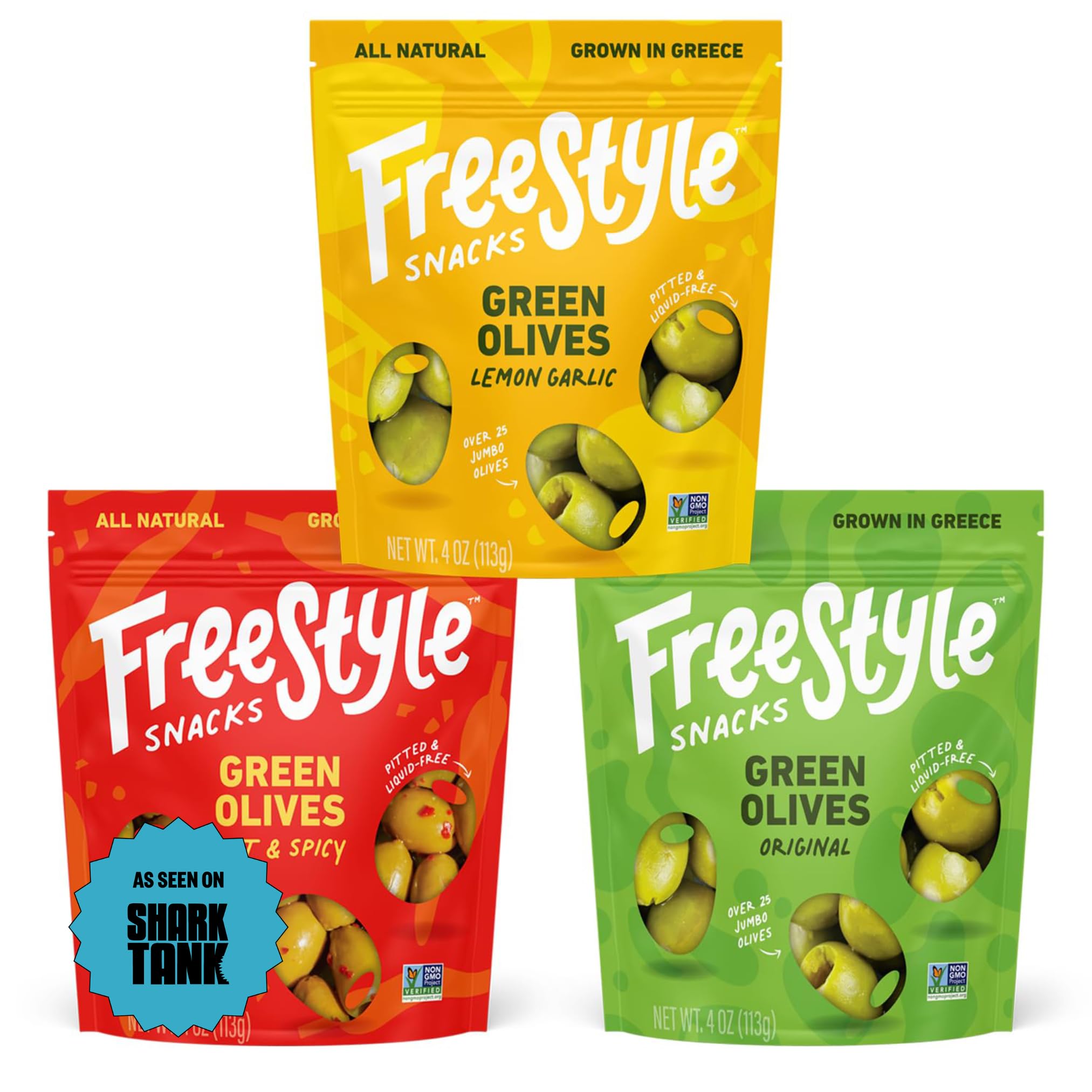 Freestyle Snacks Olive Snack Packs - As Seen on Shark Tank - Fresh Pitted Green Olives, 3 Flavors, Grown in Greece, Salty Snack, All Natural, Non-GMO, Sugar-Free, Keto - Variety Pack, 4oz (3 Pack)