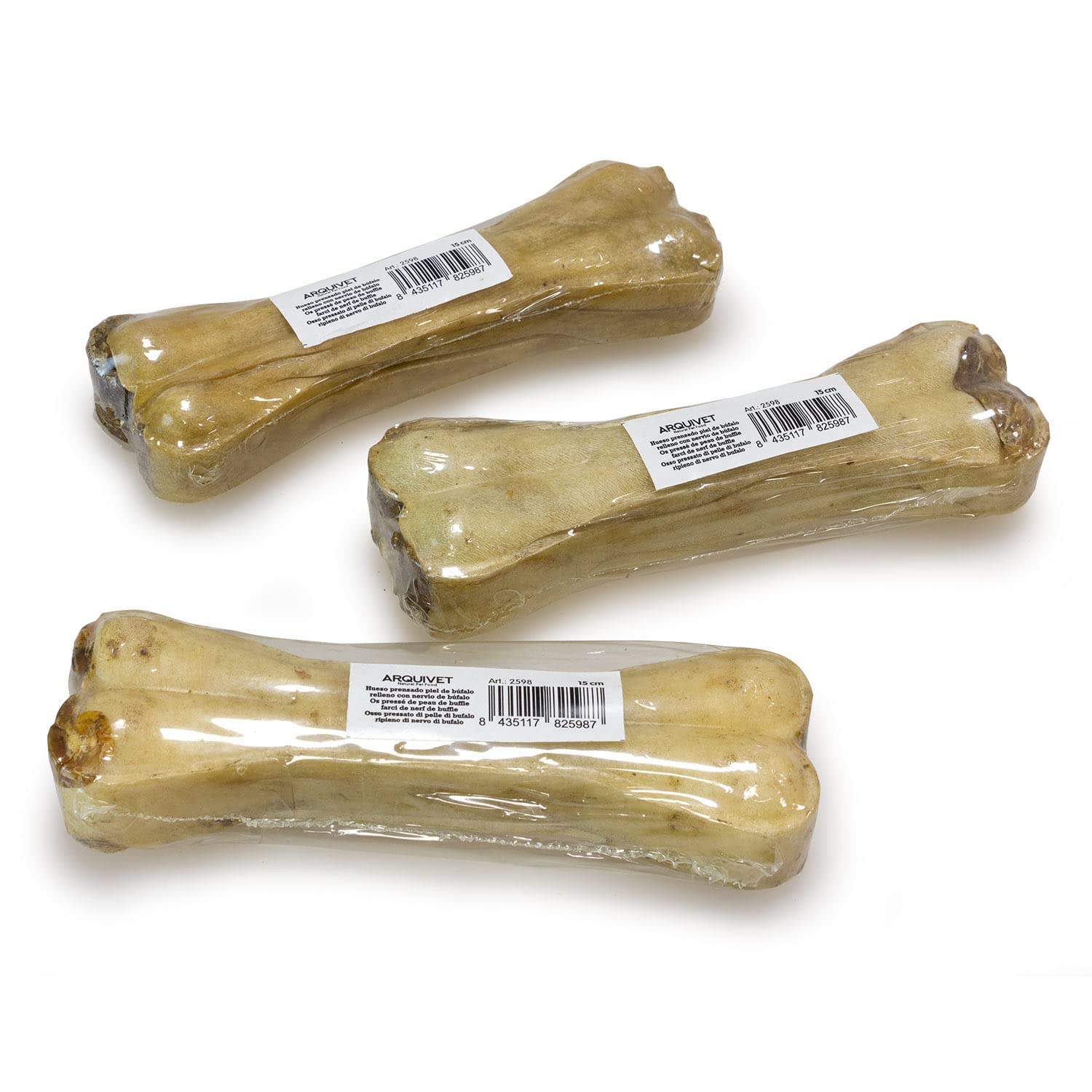 ARQUIVET Hueso prensado Piel de búfalo Relleno con nervio de búfalo - 15 cm - Bolsa de 50 Unidades - 3.000 g - Snack Natural para Perros